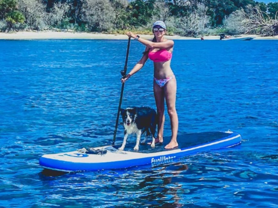 woman and dog on FunWater Inflatable Ultra-Light Paddle Board in White & Blue