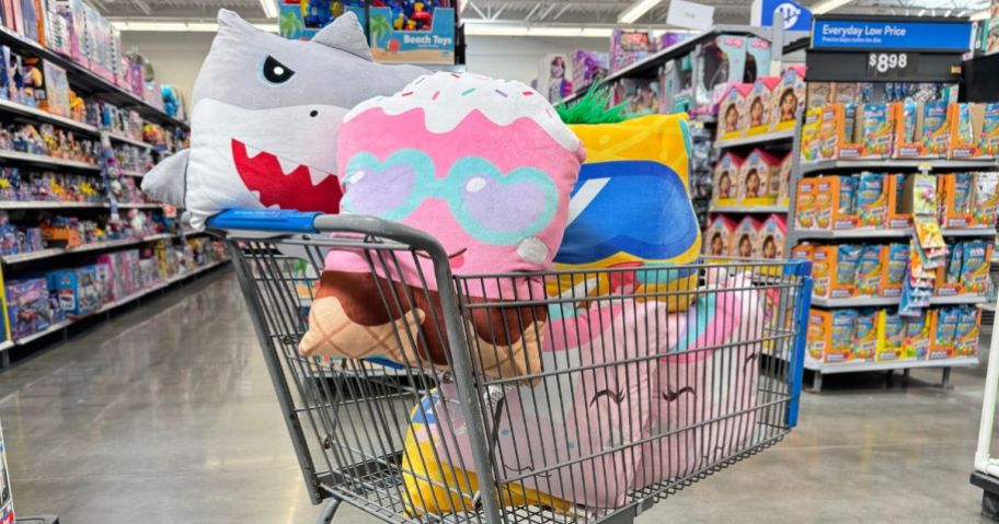 Kids Characters Snuggly Pillows in a cart at Walmart