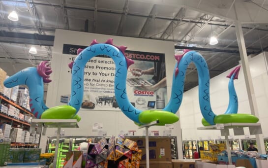 giant sea serpent water toy sprinkler on display at costco