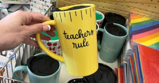 mug with yellow ruler print and