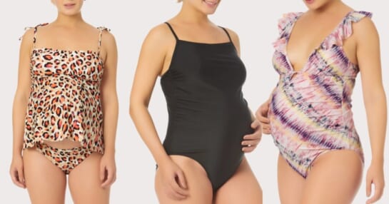 three women wearing time and tru maternity swimsuits